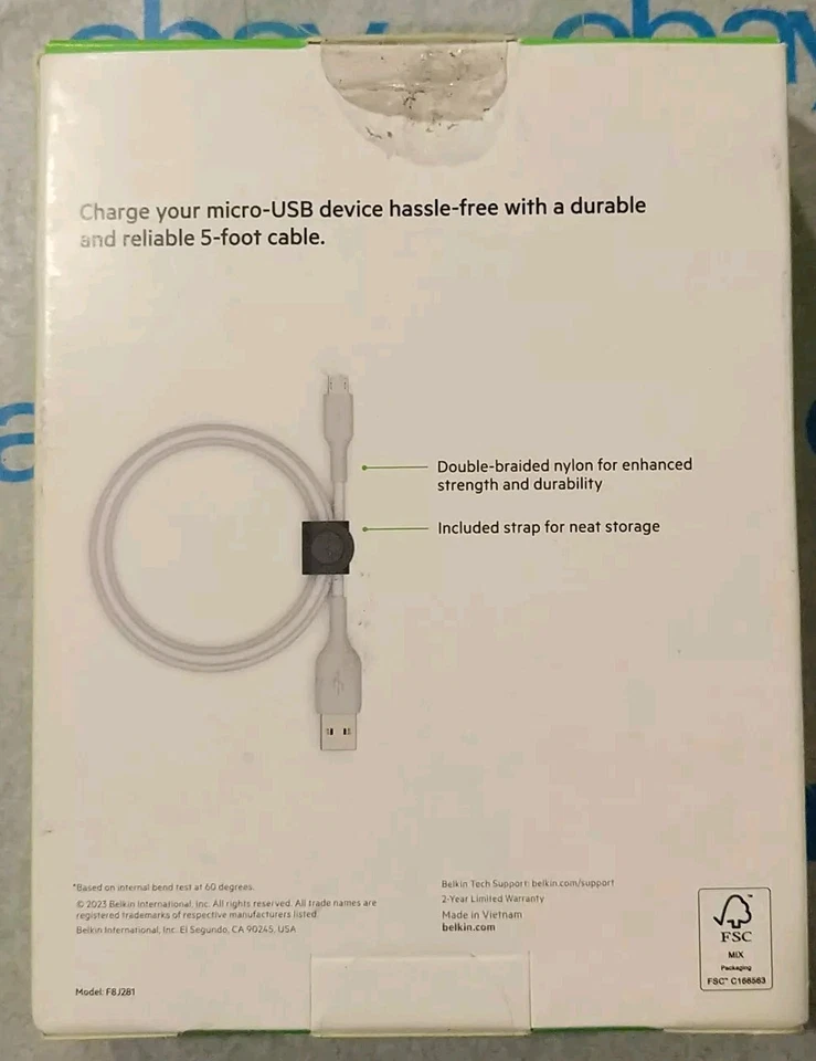 Cable Belkin Boost Carga Micro USB a USB A 5 pies + Correa Nueva Caja Abierta Foto 3 de 3