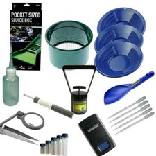 Gold Panning Kit Set 12" 10" 8" Blue Gold Pans Mini Pocket Sluice Box  More