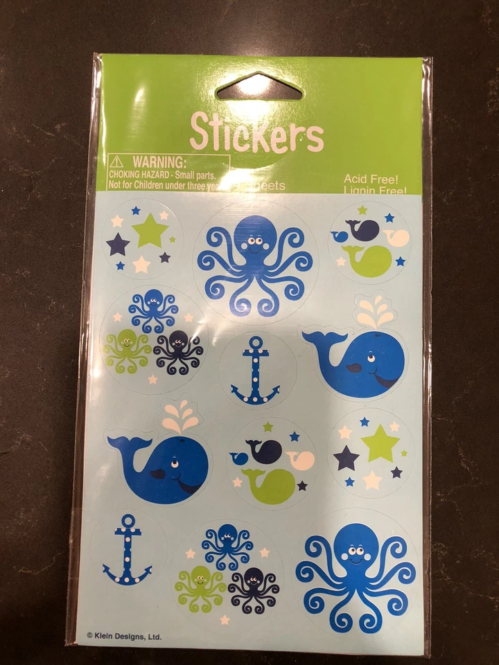 4 sheets of STICKERS blue WHALES OCEAN PREPPY WITH OCTOPUS ANCHORS AND STARS NEW - Image 2 of 2