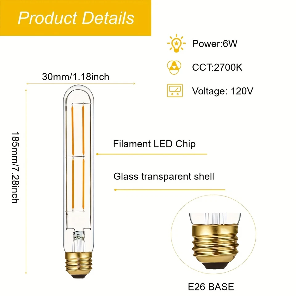 Dimmable E26 LED Bulbs 8W 6W T30 T10 Tubular Antique Lights Clear Glass 2700K - Image 3 of 4