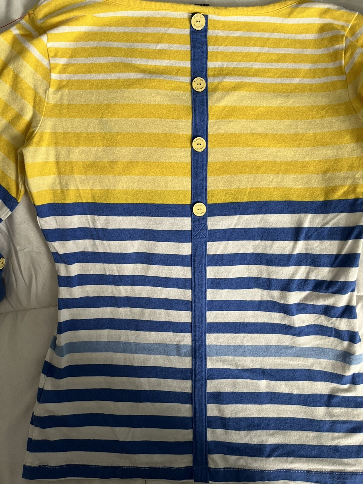Nautica Women’s Yellow Blue VNeck TShirt Size Small Button Accents On