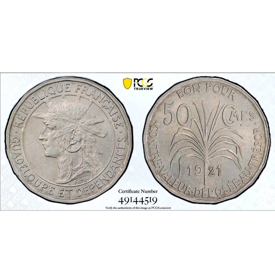 France Guadeloupe 50 centimes Colonial Coinage Arawak Man MS63 PCGS Ni coin 1921 - Image 4 of 4