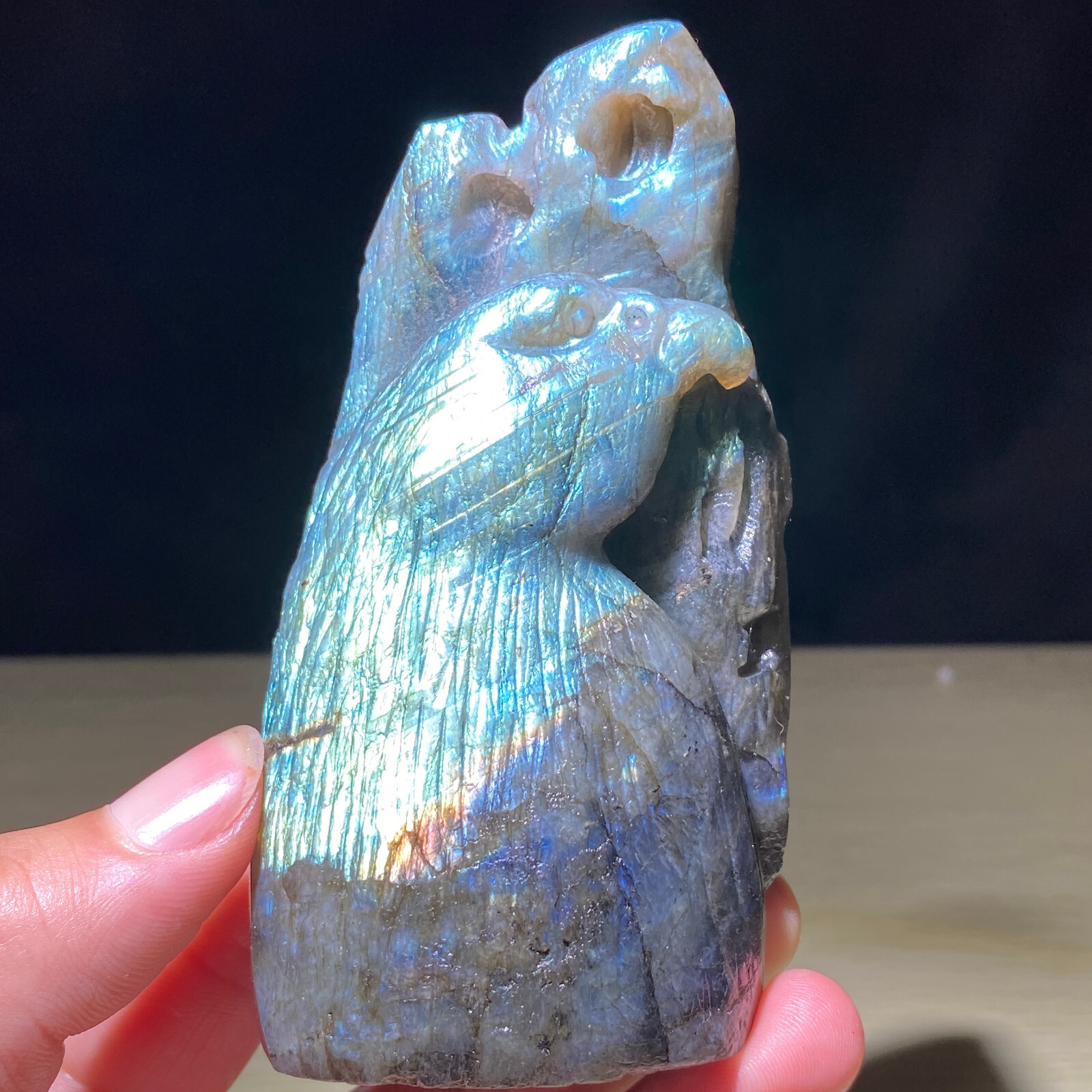 Natural Labradorite Eagle Skull Carved Quartz Crystal Healing Stone Gift