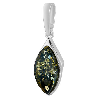 925 Solid Pure Sterling Silver Green Baltic Amber Designer Marquise Nice Pendant
