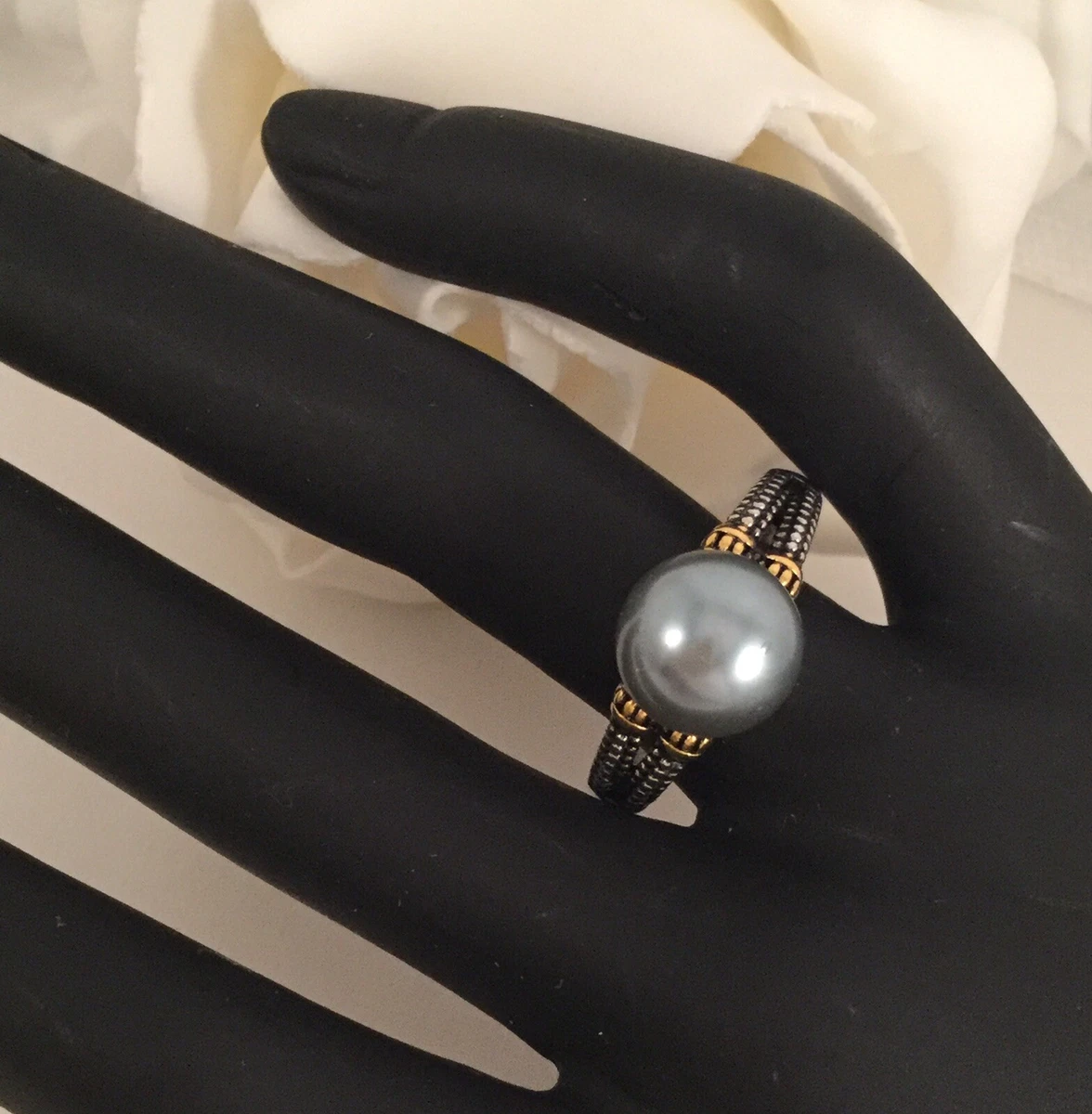 Vintage Jewellery Sterling Silver Gold Black Pearl Ring Antique Deco Jewellery