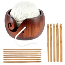 Wooden Yarn Bowl Holder, Knitting Bowl with 12 Pcs Crochet Hooks, Wood Yarn H...