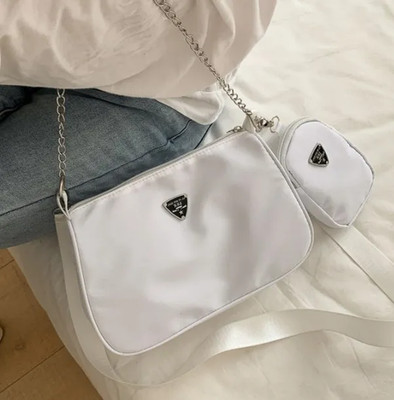 2-teiliges Nylon Umhängetasche Set: Schicke einfarbige Handtaschen mit Kettenriemen für D