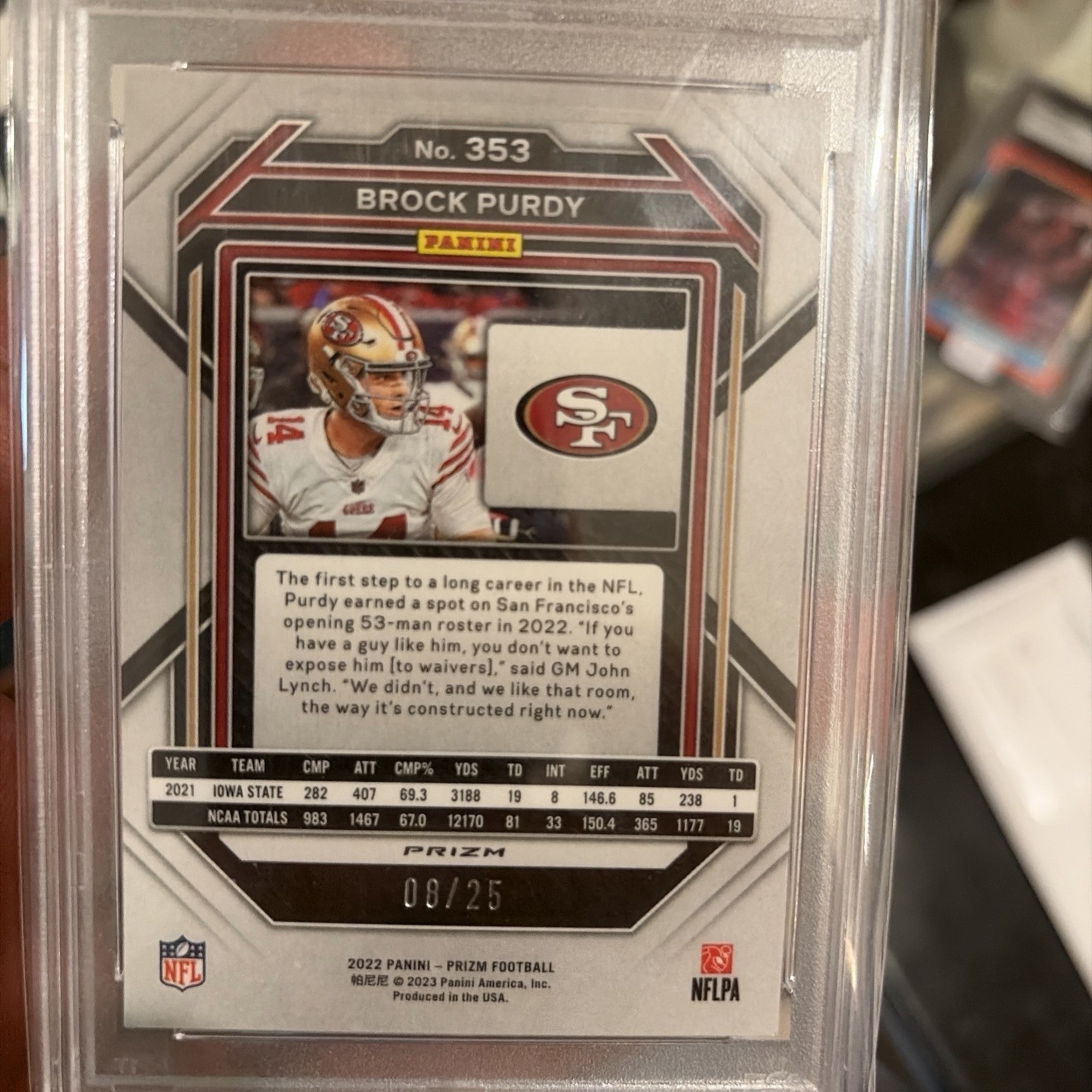🔥 2022 Panini Prizm Brock Purdy Blue Shimmer Prizm #353 /25 PSA 8 Rookie RC view 2