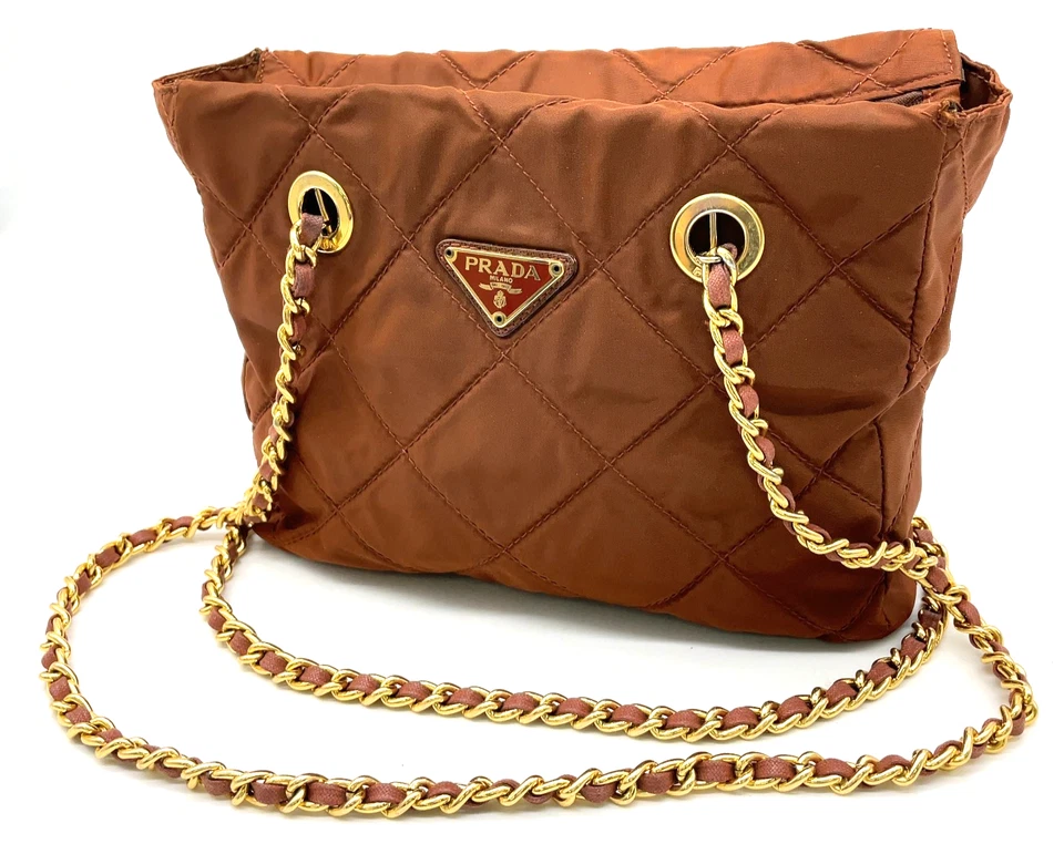 Borsa a tracolla originale Prada triangolo logo nylon trapuntato marrone catena con D.Bag NS111273 - Immagine 3 di 4