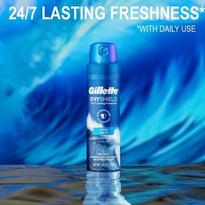 Gillete Dry Shield 24/7 Lasting Protection Cool Wave Dry Spray 4.3 oz, NEW