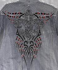ROAR SIGNATURE GRAY RED EMBROIDERED BUTTON UP LONG SLEEVE Y2K MENS L SHIRT