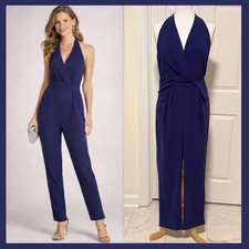 Halston Halter Jumpsuit Prom Cocktail Wedding Formal Wear Navy 10 NWT Elegant