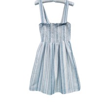 American Eagle Smocked Linen Mini Dress S Tall Blue Gray Stripe Coastal Beach