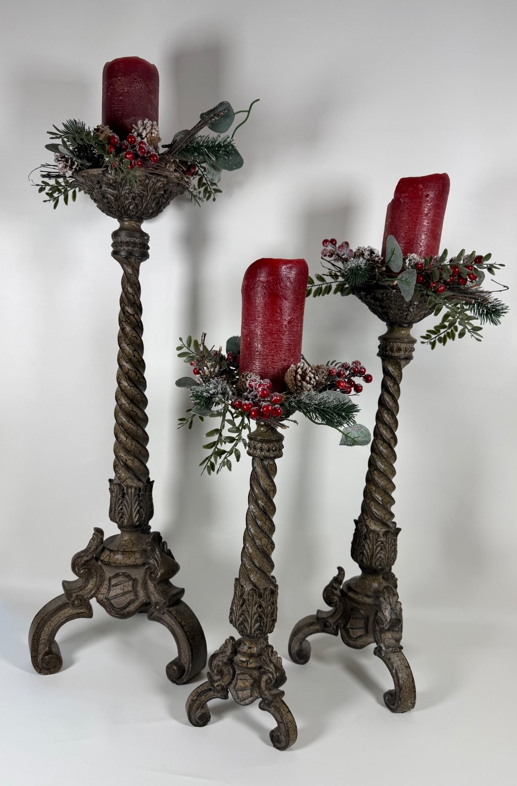 3 Vintage Ornate Pillar Candle Holders Distressed French Country Versatile