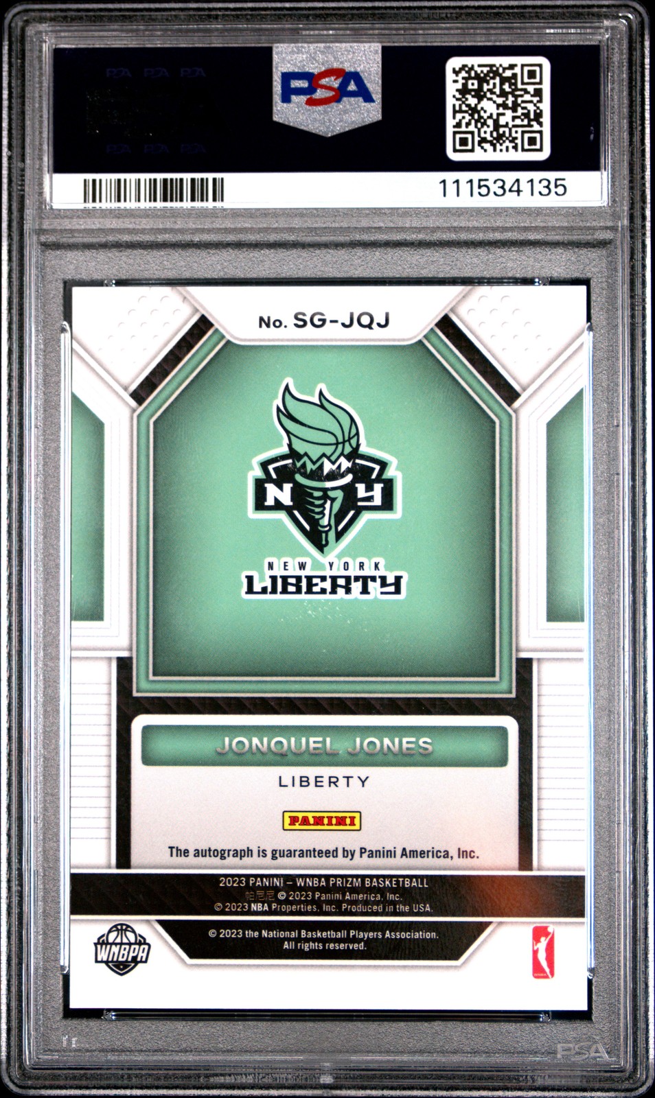 2023 Panini Prizm Wnba Signatures #SGJQJ Jonquel Jones AUTO PSA 9 view 2