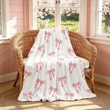 50x60 Inch Pink Bow Throw Blanket Soft Flannel Spring Preppy Coquette Decor