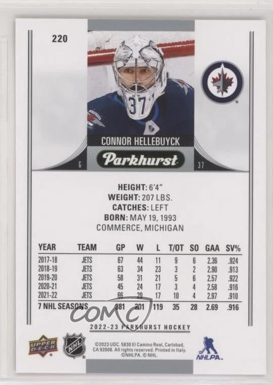 2022-23 Upper Deck Parkhurst Bronze Border Connor Hellebuyck #220 - Image 2 of 2