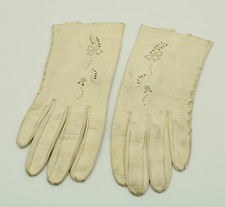 Vintage 1950s Leprette Ivory Kid Leather Gloves Floral Cutout Embroidery Sz 6.5
