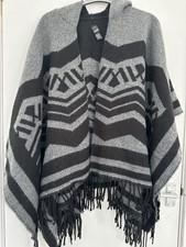 Marks & Spencer Black & Grey Geometric Pattern Hooded Poncho Shawl One Size