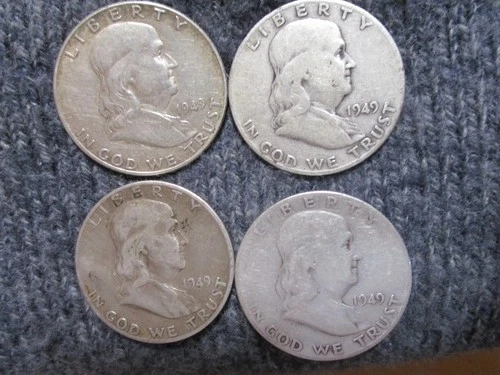 Four 1949  Silver Franklin Half Dollars - 1949 s, 49D, 49D, 49P. Good to v. goo