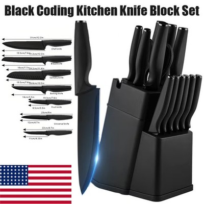 16 Pieces Professional Black Coding Kitchen Knife Block Set with Non-slip Handle