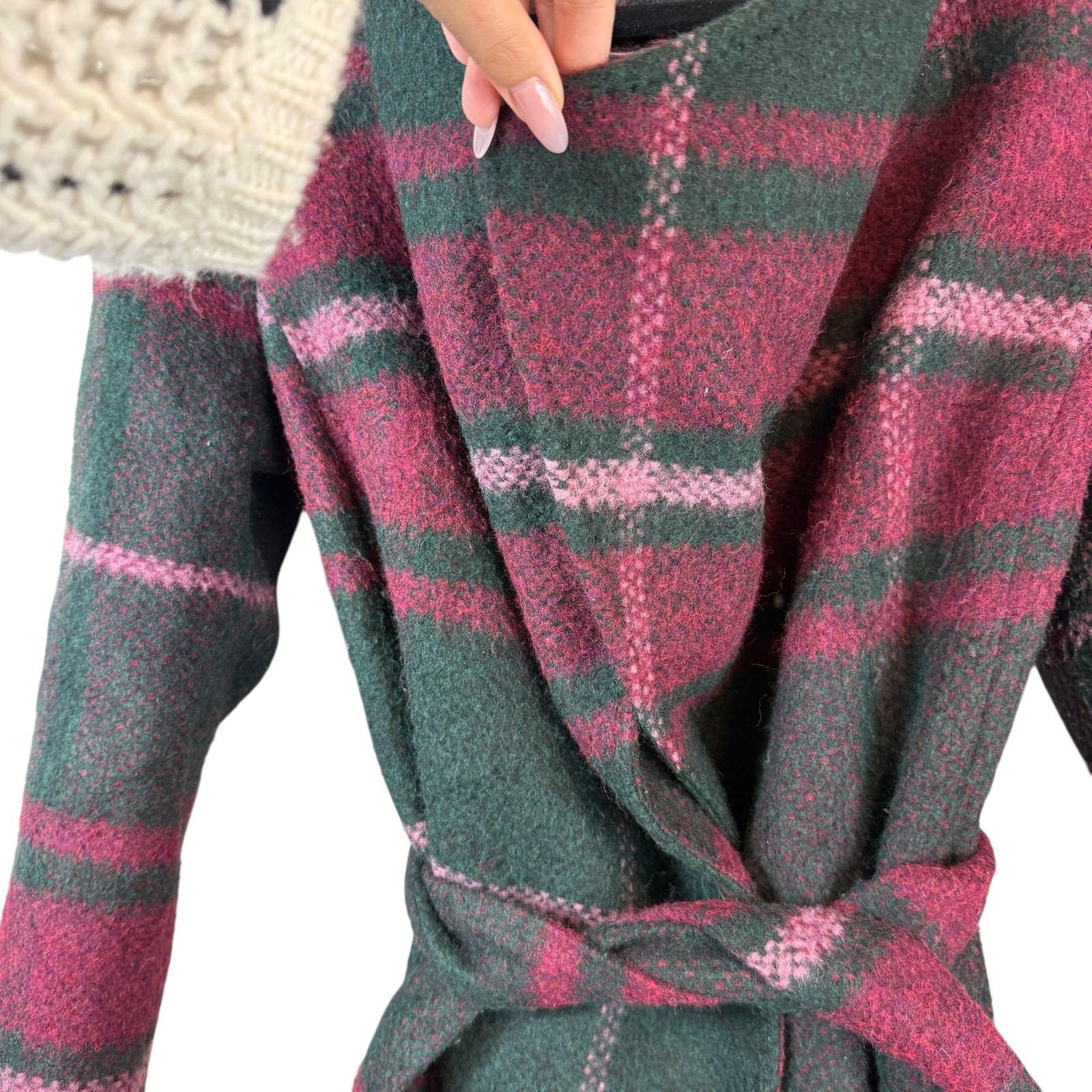 Ted Baker Skaalet Plaid Wool Blend Belted Wrap Coat Winter Elegant Red Green 3 M image 6