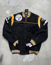 NFL Black Yellow Zipper Pittsburgh Steelers Suede Leather Bomber Jacket Size L