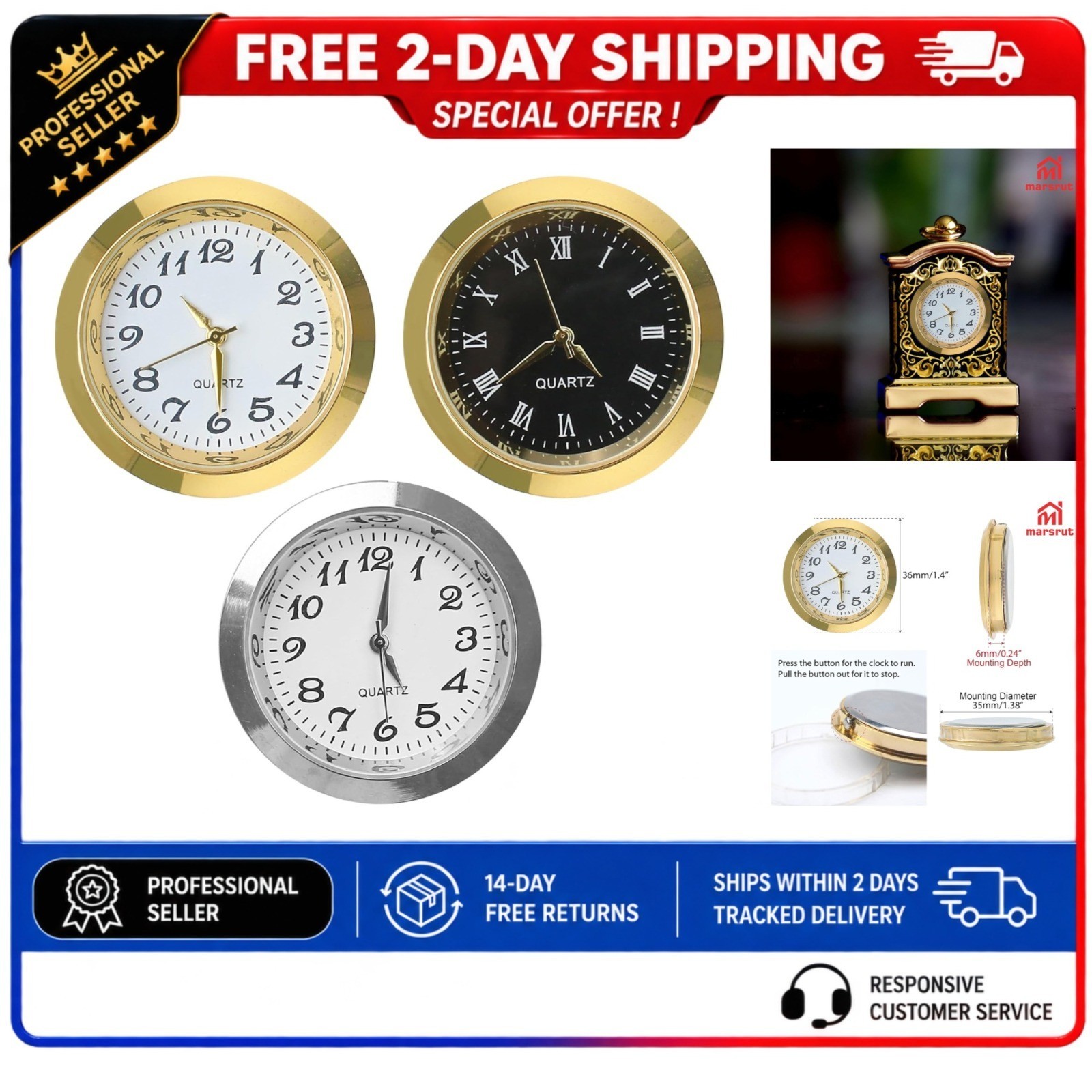 Marsrut 3PCS Mini Clock Face Insert 35mm Roman Numeral Quartz DIY Craft ...
