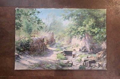 Vintage Artisan Oil Painting Of Wooded Forest Trail Scene  23 X 25.5 Inches 