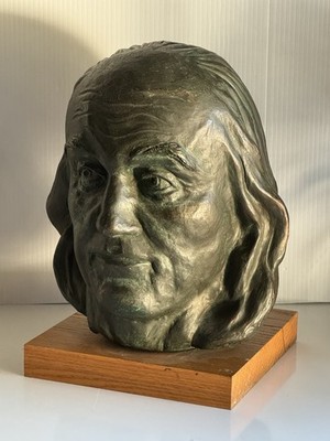 1970s Benjamin Franklin Faux Bronze Statue Sculpture Head Bust Signed