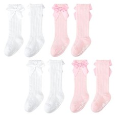 4 Pairs Baby Girls Knee High Socks Newborn Girl Bow Ruffle Long Infant Non