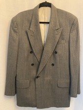 Oscar de la Renta 40R Double Breasted Blazer Jacket Grey Worsted Wool Vintage