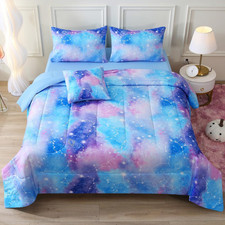 Twin Gradient Galaxy Comforter Set for Girls,6 Piece Bed in a Bag 3D Colorful Ti