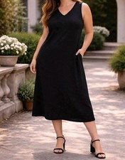 NWT Womens Midi Dress Black Sleeveless V-Neck Side Slit Vintage Minimal Size 1X