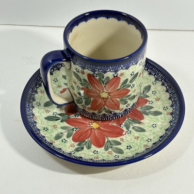 POLISH POTTERY Poinsettia Coffee Mug Dessert Plate Set UNIKAT Vena 12 oz 