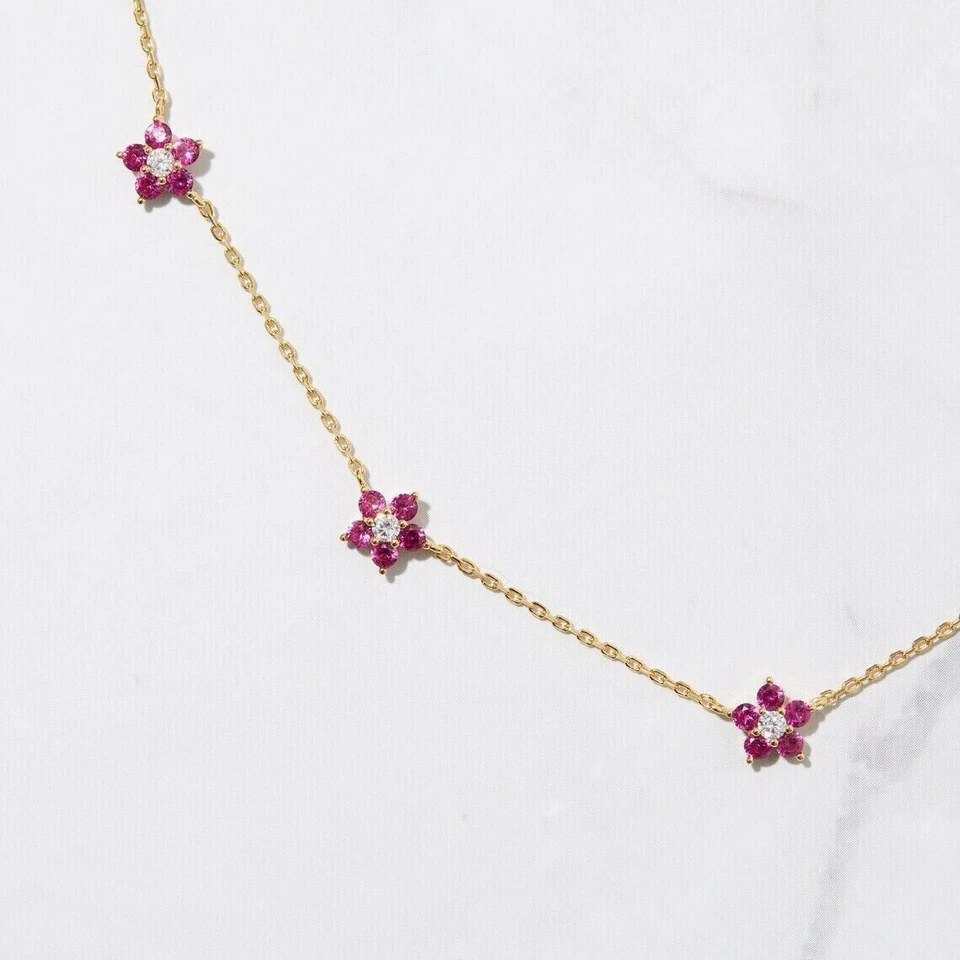 Flower Charm Necklace 5Ct Round Cut Lab Created Pink Ruby 14K Yellow Gold Plated - Image 4 of 4