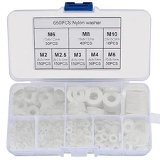 YOUYIDUN-650 Pcs White Nylon Flat Washer Assortment Kit, round Flat Nylon Washer