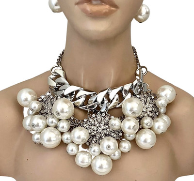 Statement Cleopatra Bib White Faux Pearls Crystals Chunky Necklace Earrings Set