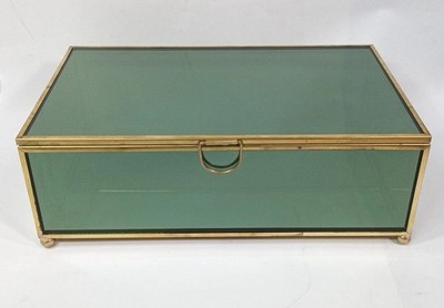 Trinket Box Green Transparent Reflective Glass Brass Trim Mirror Bottom, Papyrus