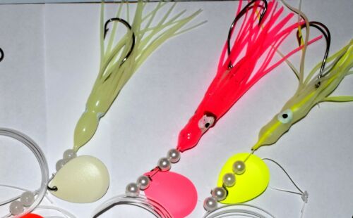 3 pk Hand Made Fluke/Flounder Glow,Pink,Yellow/Glow Bottom Rig Deep Cup Spinner  - Picture 1 of 8