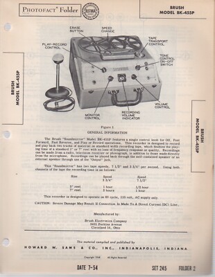 1954 BRUSH BK-455P reel to reel TUBE RECORDER SERVICE MANUAL photofact schematic