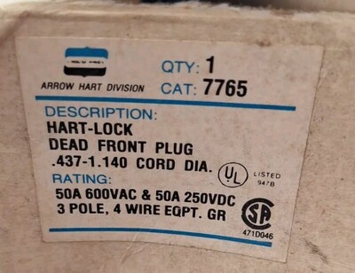 NOS Arrow Hart Division Cat. 7765 Hart-Lock Dead Front Plug 50A 600VAC & 250VDC