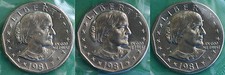 1981 P D S Susan B Anthony Dollar BU Coin US Mint Cellos Three SBA $1
