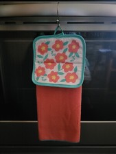 Hanging Kitchen Dish Towel w/ Pot Holder Top - Coral Flowers