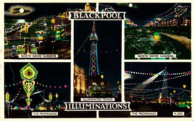 2 x Blackpool Illuminations Vintage Postkarten mit 3D Stempel datiert 1960