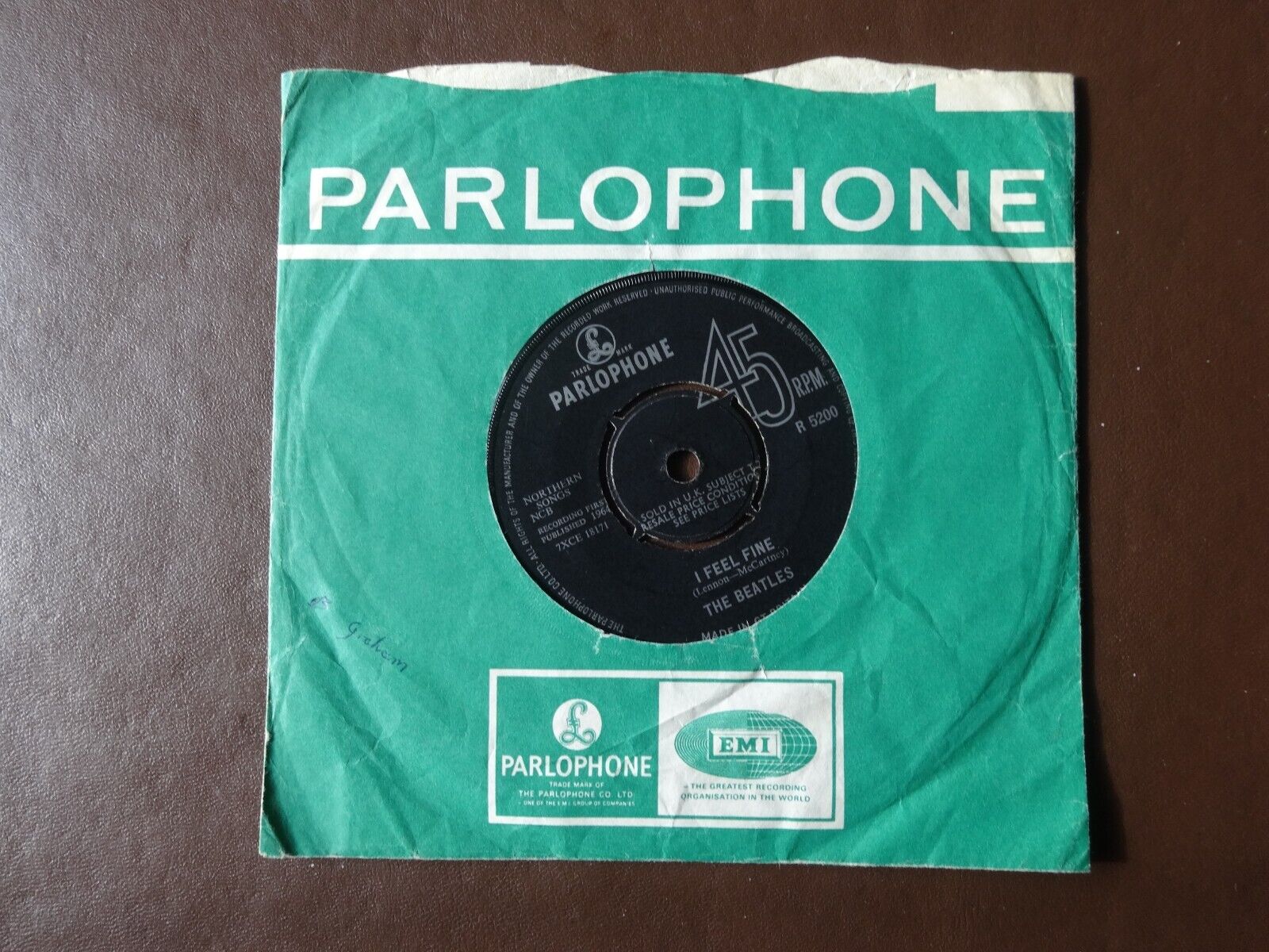 39 BEATLES 1964 UK Vinyl 1st Pressing Parlophone single 'I FEEL FINE' VG+/VG+