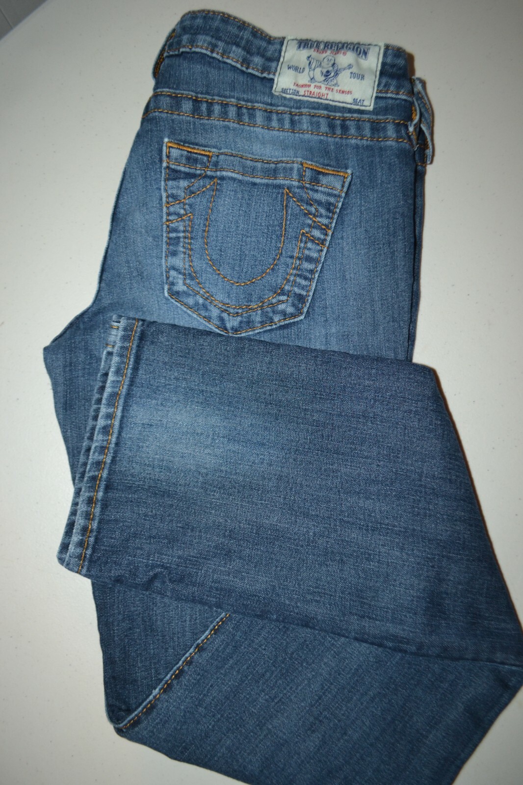True Religion Women's Straight No Pocket Flaps Blue Denim Jeans Sz 28x33