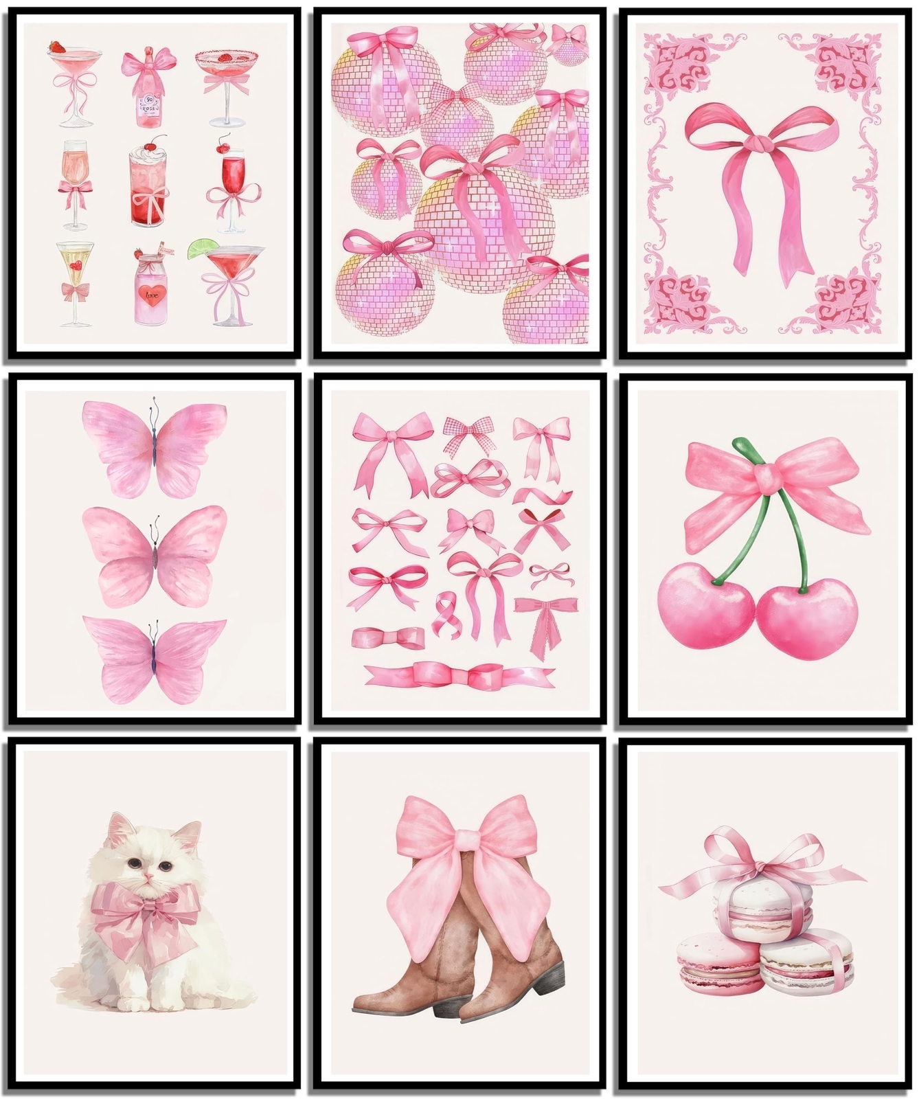 9Pcs Pink Bows Canvas Wall Art Trendy Coquette Bow Cute Cat Wall Decor Pictur...