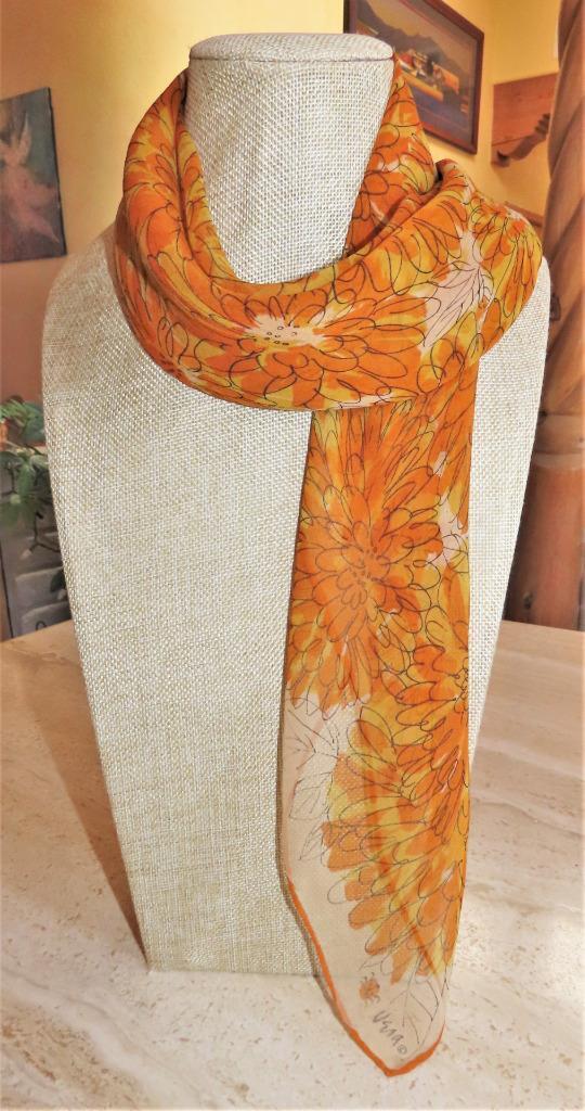 Vera Neumann square floral scarf; mums; orange, yellow, tan; SILK? 31x30  ladybug | eBay