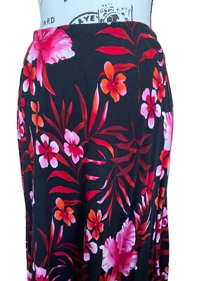 Women'sKim Rogers Black Floral Rayon Elastic Waist Flared Midi